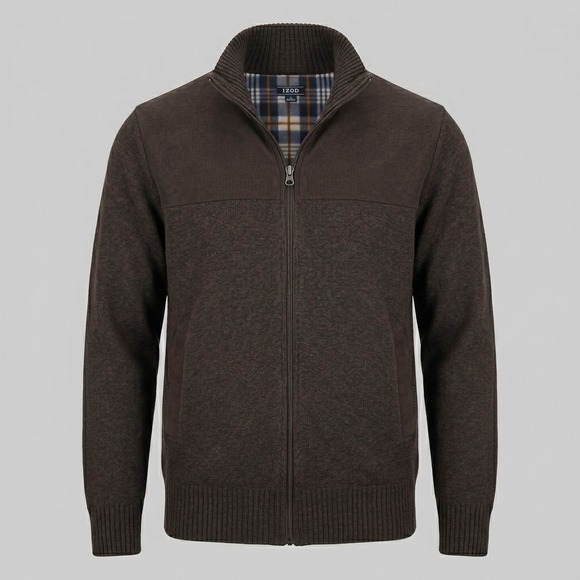 Izod Other - Izod Mens Large Brown Full Zip Sweater Jacket Plaid Fleece Lined‎ Corduroy Trim